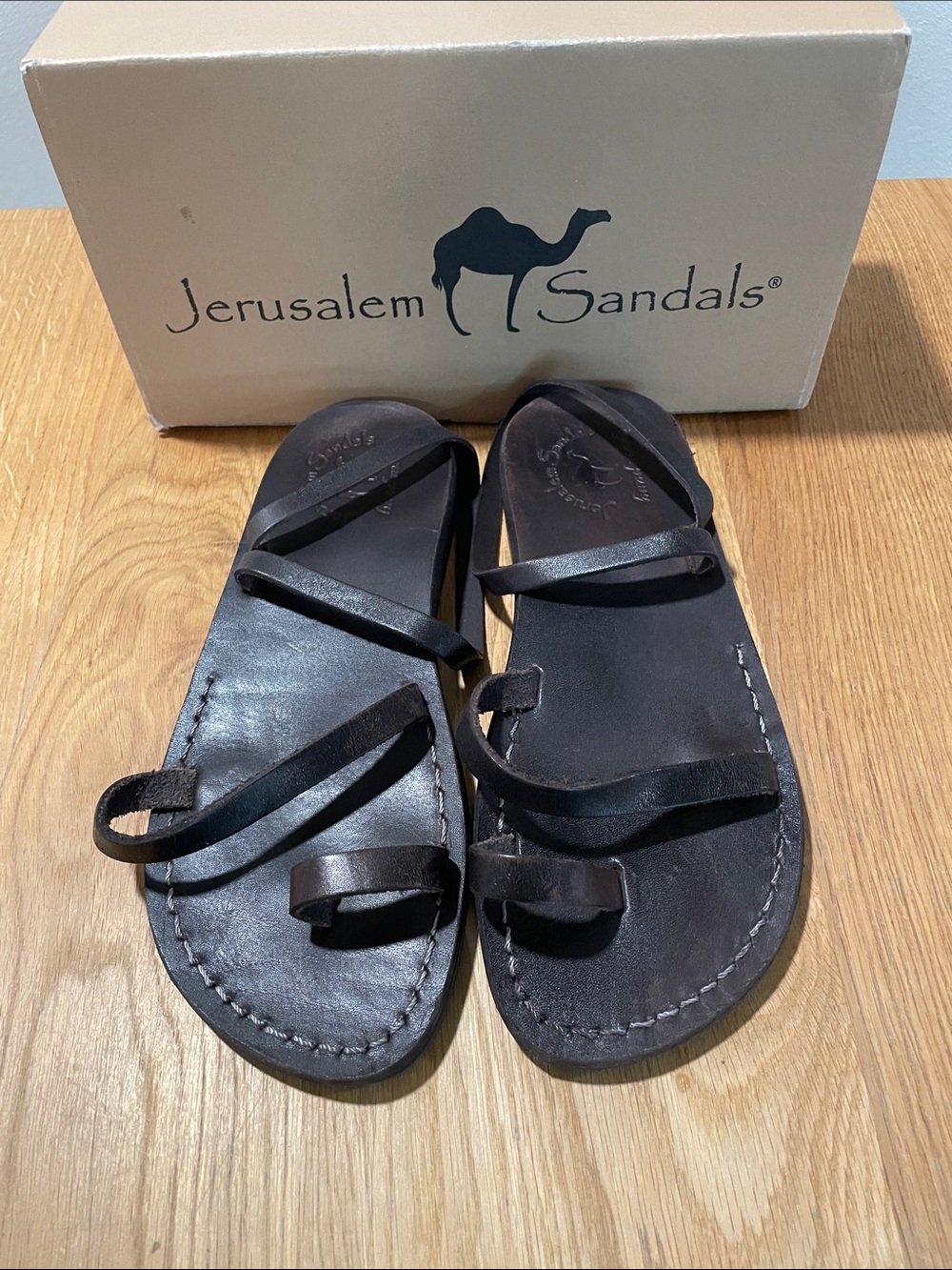 Jerusalem Sandals Women’s Ella Brown leather ankle strap flat sandal, 40/ size 9